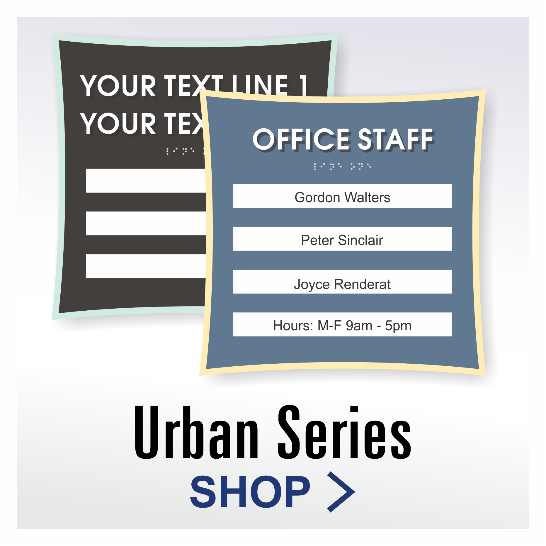 Urban Series modern ADA room identification signs with window inserts